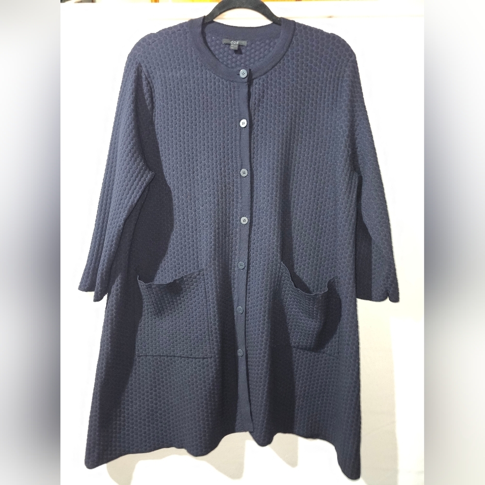 Women's Navy Textured Button-Front 3/4 Sleeve Jacket Size Large